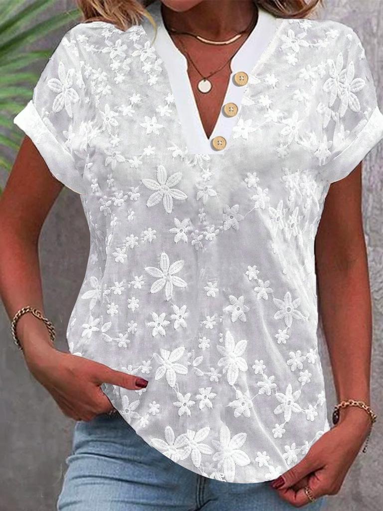 Women's Summer Floral V-Neck Blouse Casual Short Sleeve Button T-Shirt