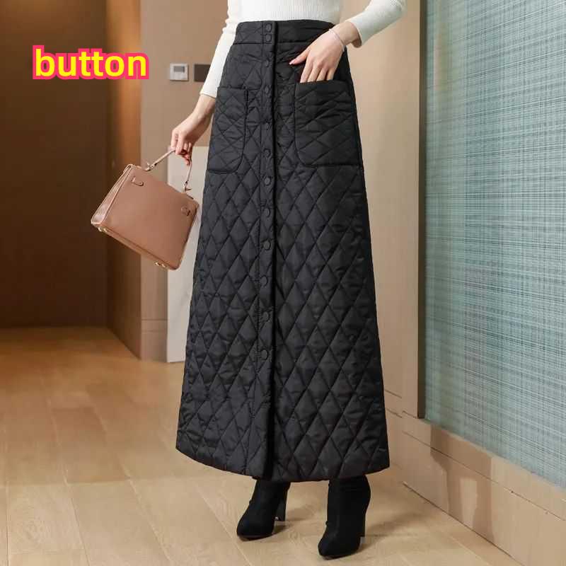 Thickened Warm Mid-length Down Cotton Skirt Double-breasted Autumn and Winter One-piece Skirt A-line Hip Skirt