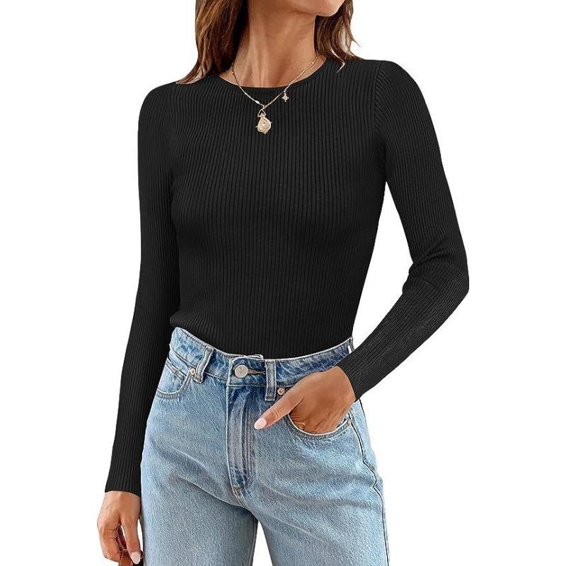 Autumn Winter Fashion Casual Round Neck Solid Color Long Sleeved Top for Women