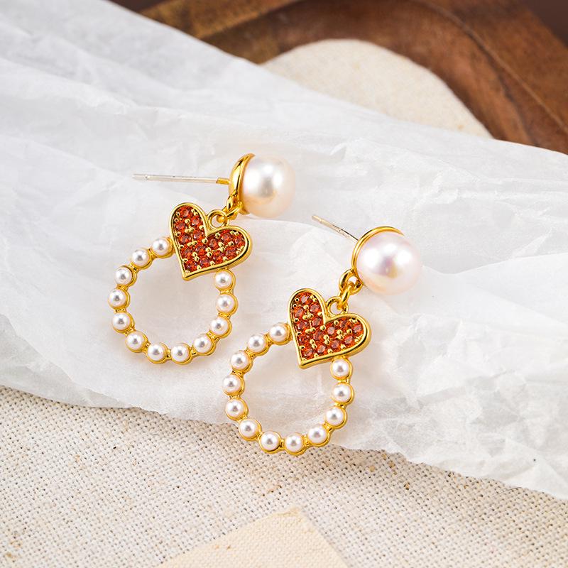 Boucles d'oreilles pendantes cœur coréen incrusté de diamants et de perles - Bijoux polyvalents et à la mode