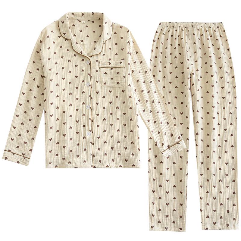 Women's 100% Cotton Gauze Pajama Set - Spring/Autumn Lapel Cardigan with Long Sleeve Top and Pants