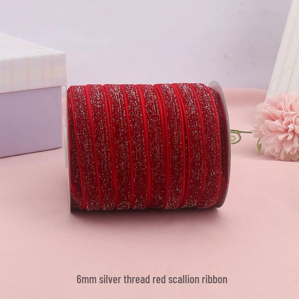 Green Velvet Ribbon with Gold & Silver Glitter Thread for DIY Hair Accessories