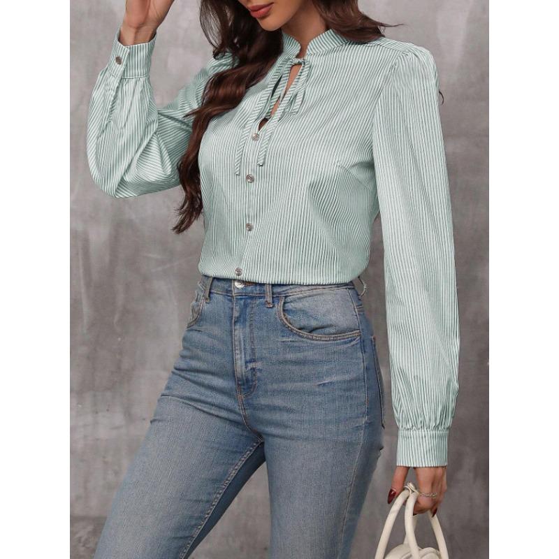 Spring and Autumn New Fashion Women's Stand Collar Tie Button Striped Long Sleeve Shirt