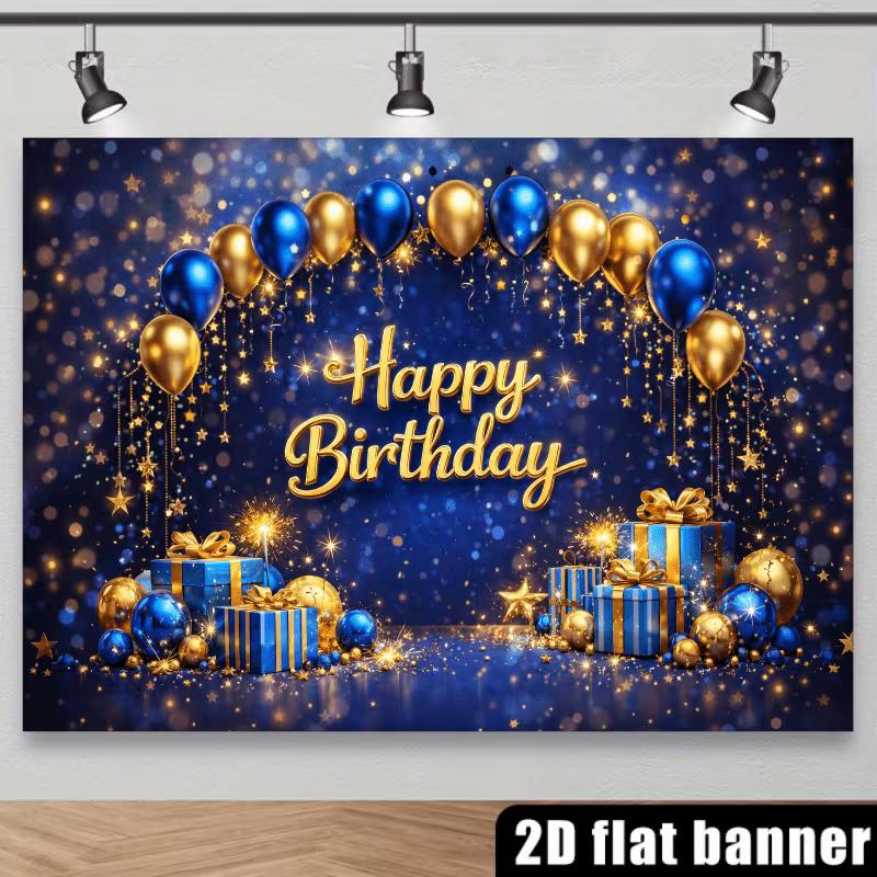 2D Blue Gold Sparkle Birthday Backdrop Banner Men Boys Happy Birthday Party Decor Background