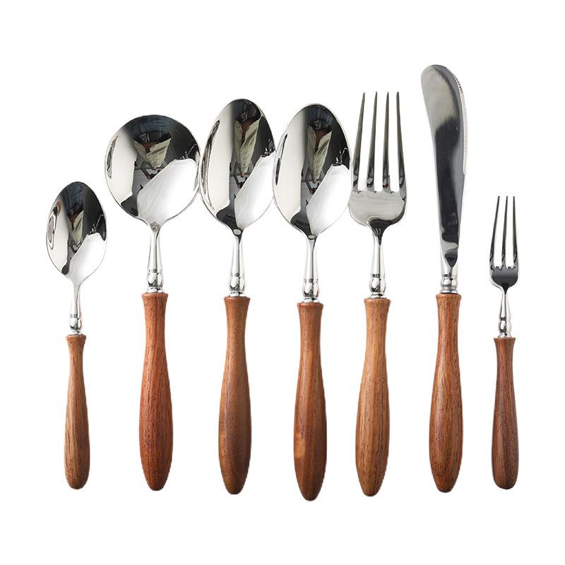 

Ложка из нержавеющей стали Чайная ложка Вилка для фруктов Нож для стейка из черного дерева Вилка в западном стиле из семи предметов Набор столовых приборов из семи предметов Кухня