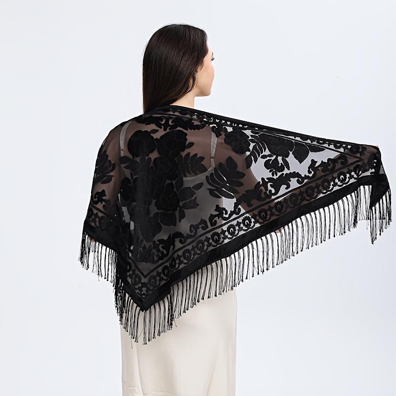 1Pc Women S Black Velvet Rose Flower Handmade Lace Tassel Scarf Bohemian Style Fashion Triangle Scarf Elegant Shawl Rose Black