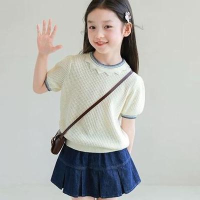 Girls Summer Hollow Knit Short Sleeve Top Fresh Sweet Baby Tee