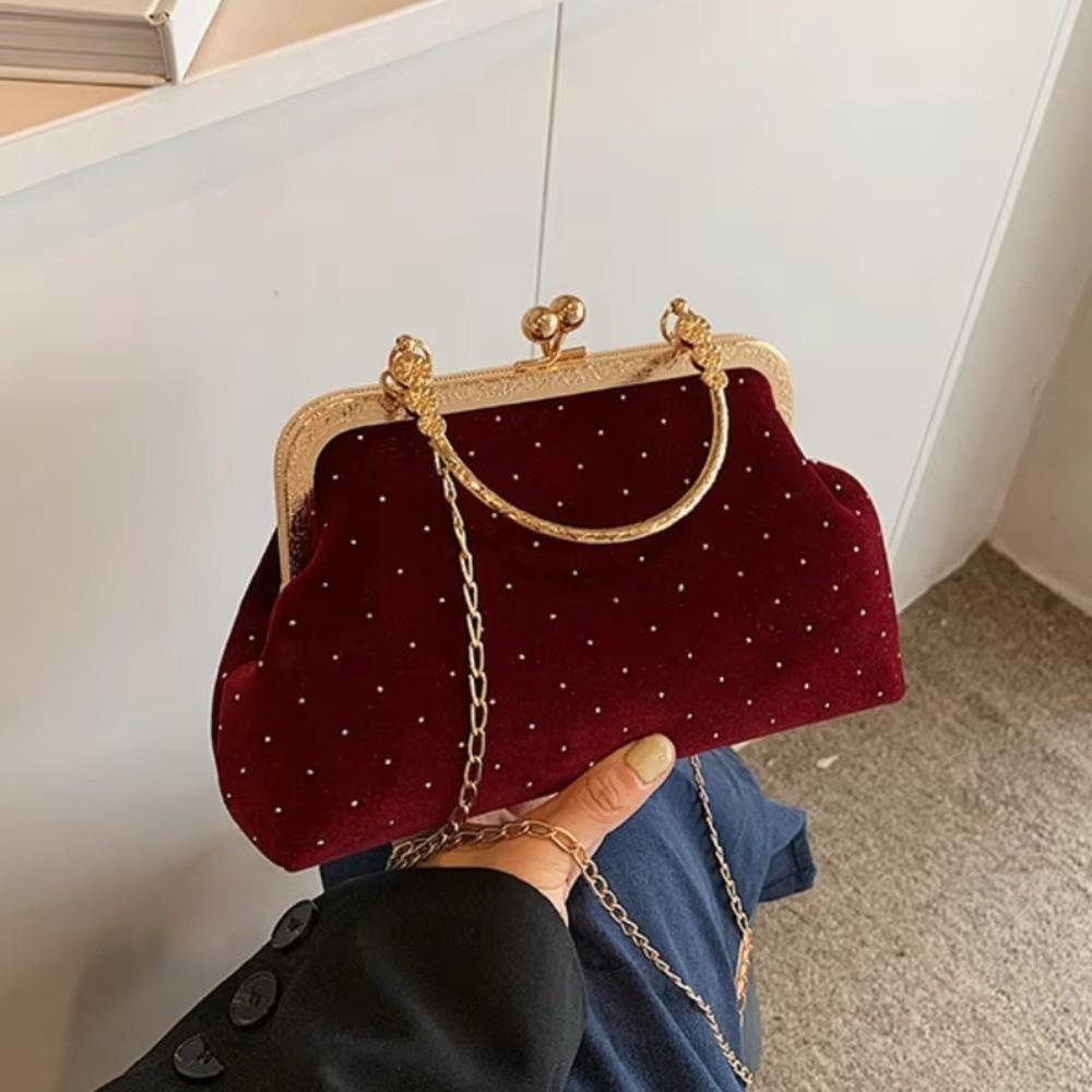 Elegant Rhineste-encrusted Evening Clutch Purse Top-handle Solid Color Crossbody Bag Chain Strap Shoulder Bag