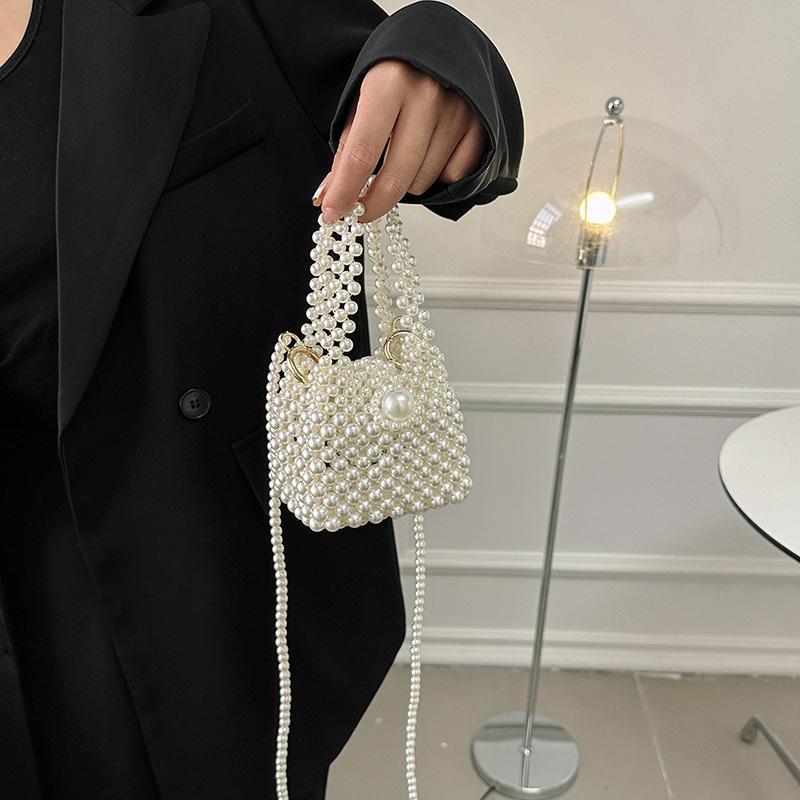 Geantă de damă cu lanț delicat de perle, nouă, de nișă, versatilă, tip poștaș, mini poșetă tricotată cu mărgele