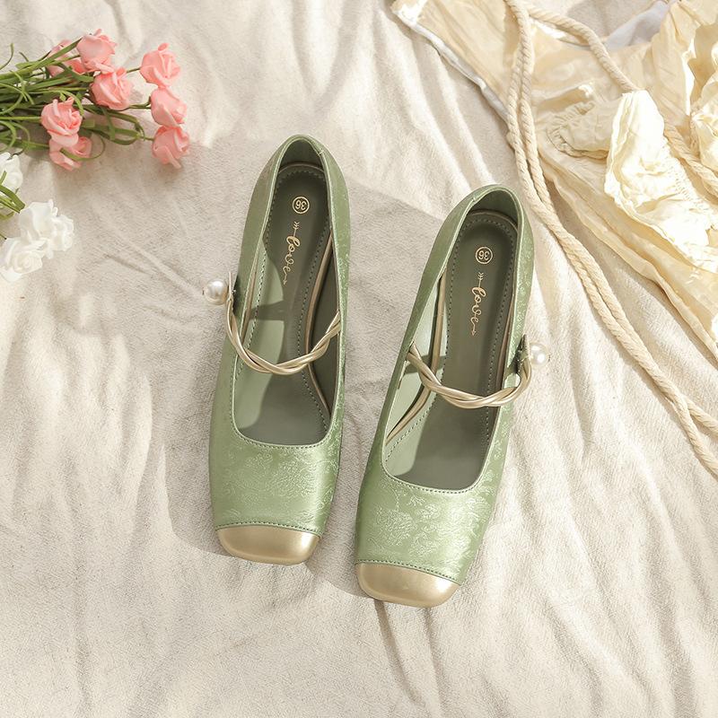 

Leather flat for Huizhou women s shoes Su Yinyin same style Mary Jane shoes high heel square head spring new single shoes 40 зелений