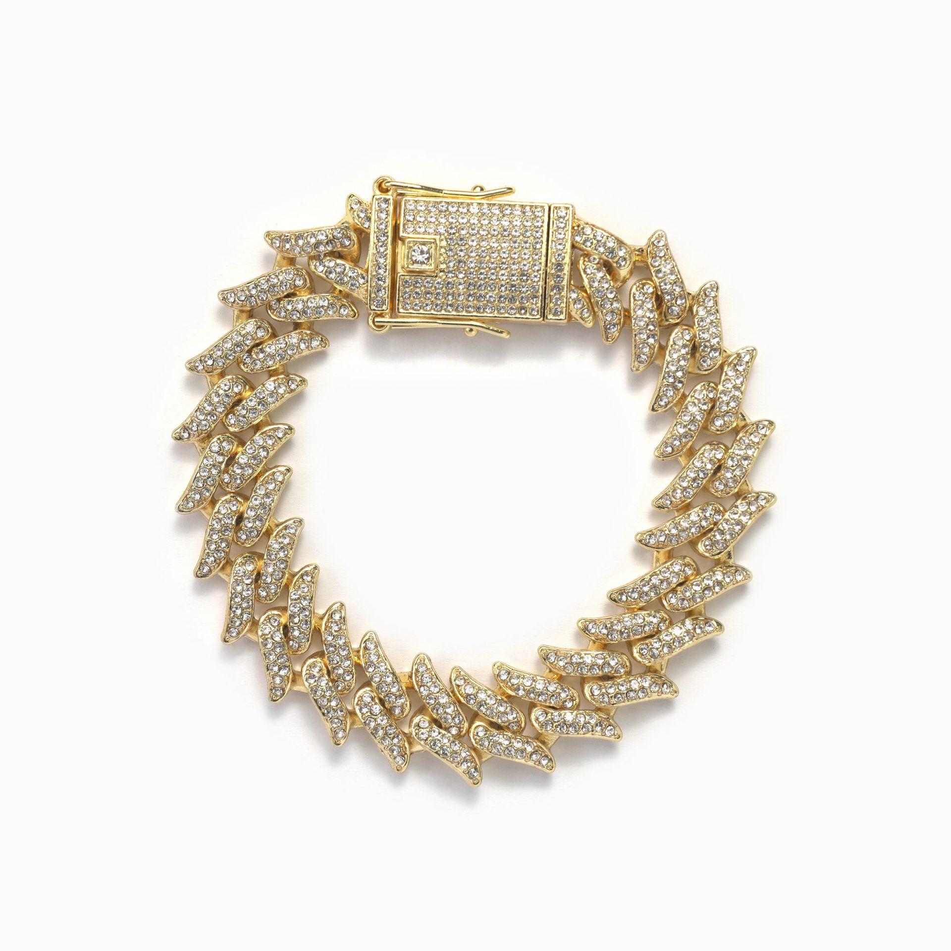 European and American 16mm Alloy Full-diamond Cuban Necklace - Cuban Link with Pointed End and Rhombic Interlocking Ring cm