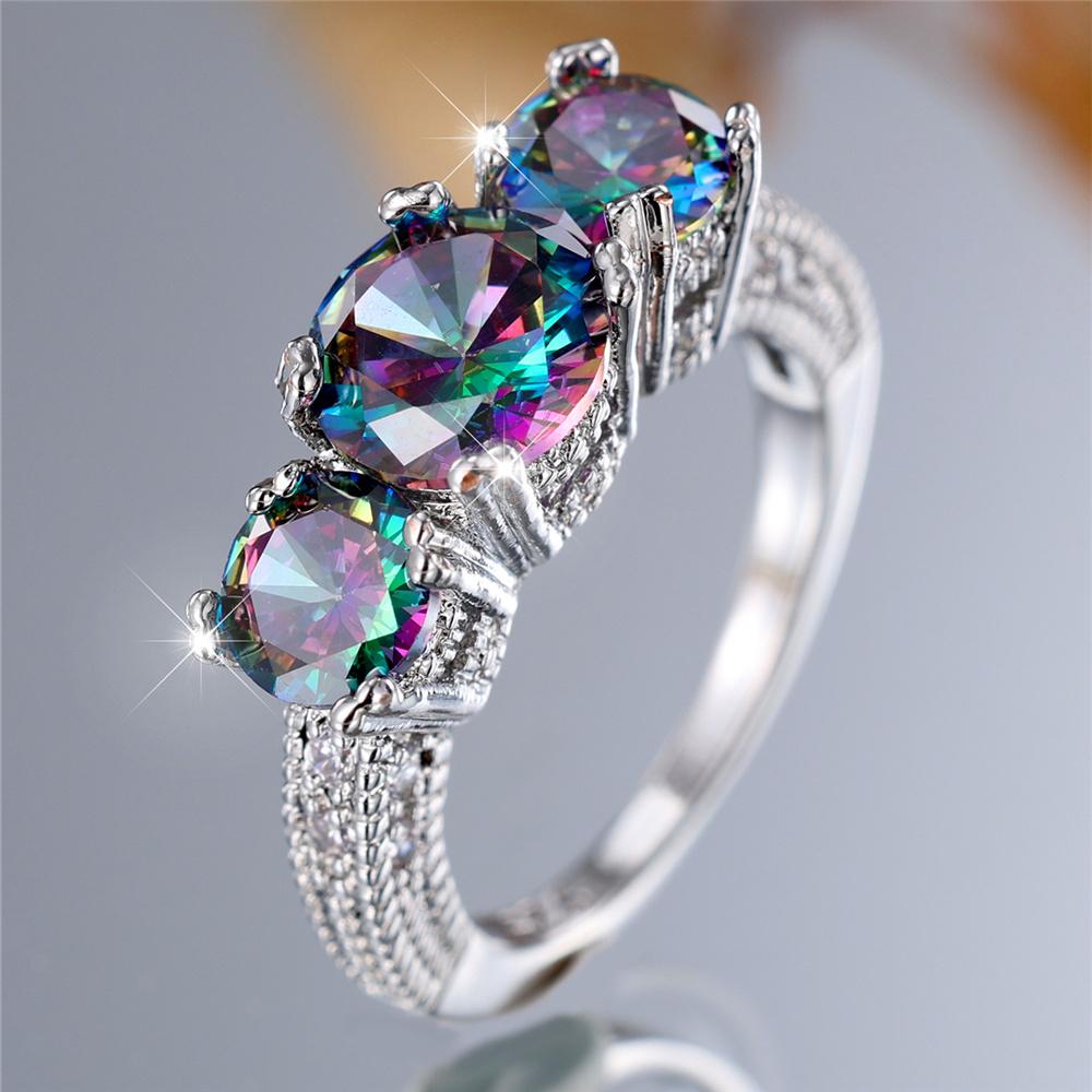 Female Rainbow Round Zircon Stone Finger Engagement Ring Vintage CopperColor Wedding Band Bridal Jewelry For Women