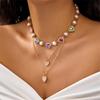 Delicate Rainbow Zircon Heart Necklace for Women Elegant Imitation Pearl Pendant Necklace Girls Party Jewelry Accessory