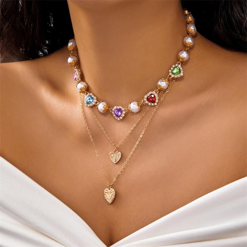 Delicate Rainbow Zircon Heart Necklace for Women Elegant Imitation Pearl Pendant Necklace Girls Party Jewelry Accessory