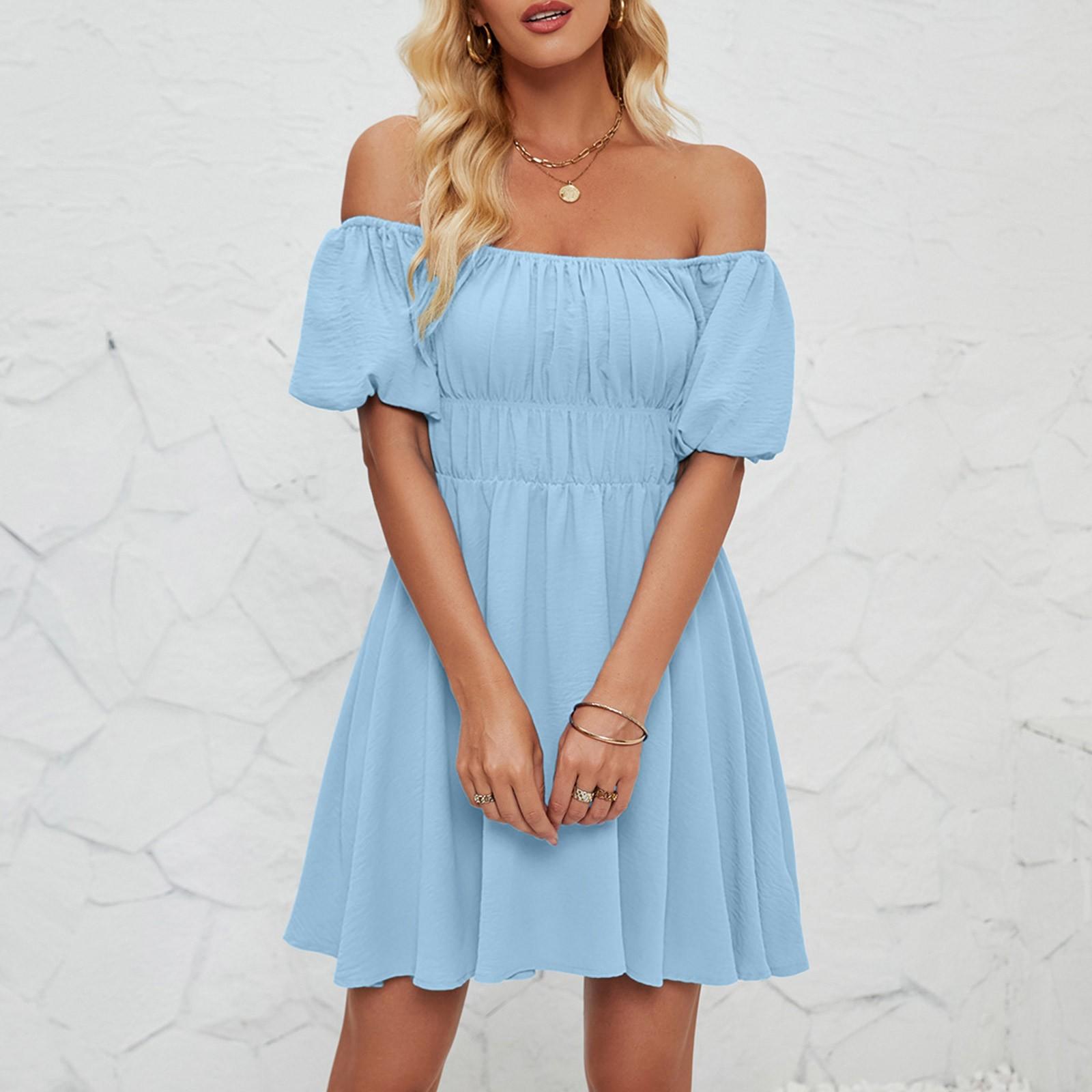 Женское модное однотонное платье с одной линией выреза и короткими рукавами — фото 9