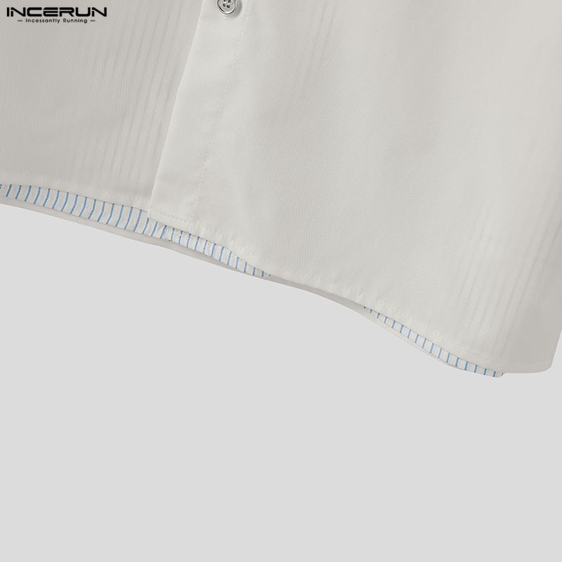 INCERUN Men Lapel Neck Short Sleeve Striped Print Oversized Shirts Tops