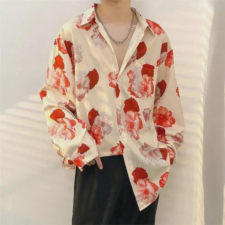 Retro Hong Kong Style Men's Floral Shirt Casual All-Match Jacket Japanese Korean Style Trendy Spring Autumn Fashion