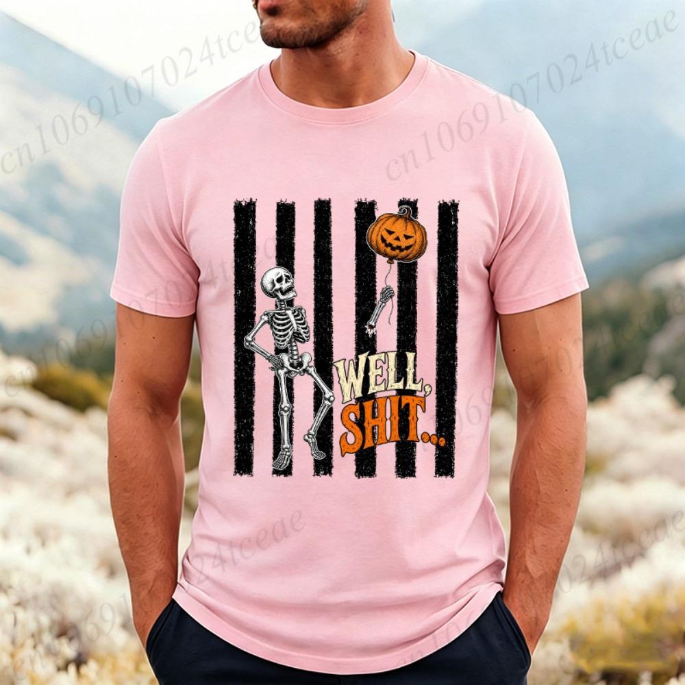 Skeleton Lost Balloon Print Men's T-Shirts Well Shit Funny Skeleton Shirts Dark Humor Halloween Design T-Shirts Gothic Tees Gift