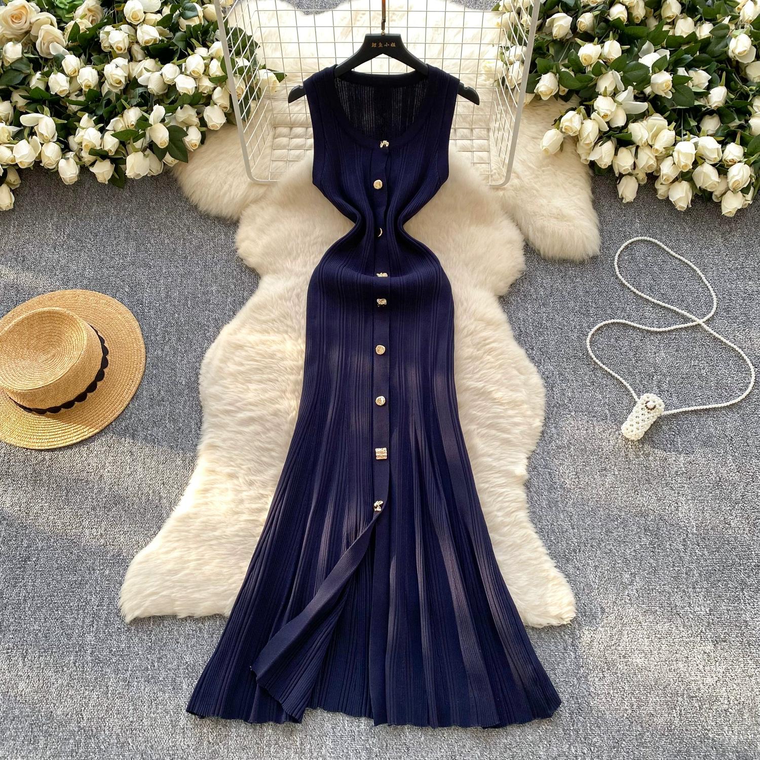 

Летние женские элегантные вязаные свитера без рукавов на металлических пуговицах, длинные платья-пуловеры макси для вечеринок One Size темно-синий