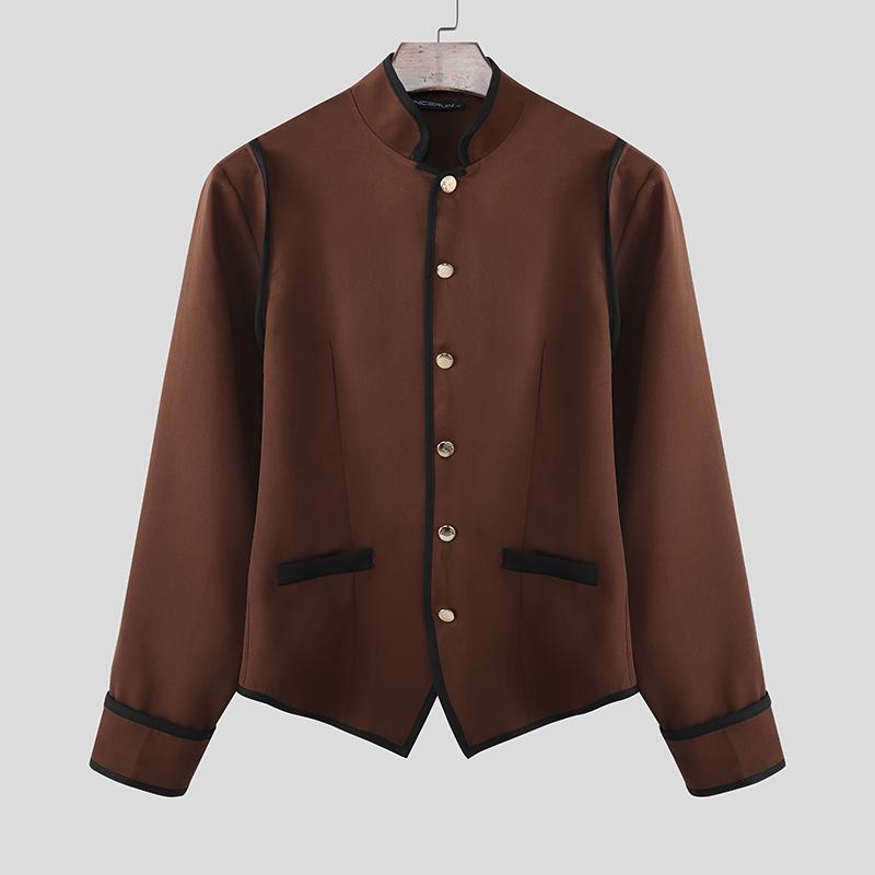 INCERUN Men Stand Neck Long Sleeve Stitching Casual Slim Thin Blazer Suit Coats