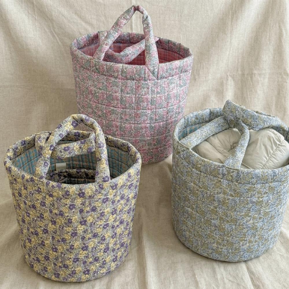 Collapsible Quilted Storage Basket Large Capacity Flower Pattern Storage Basket  Bedroom