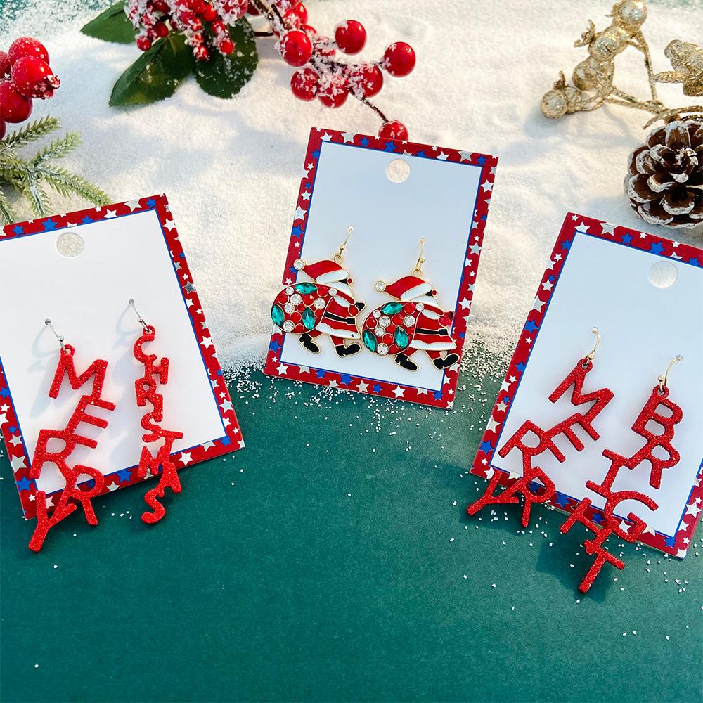 Weihnachtsohrringe 2026, modische und kreative rote handgefertigte Ohrringe mit englischen Buchstaben, Ohrringe mit winterlicher Festtagsstimmung