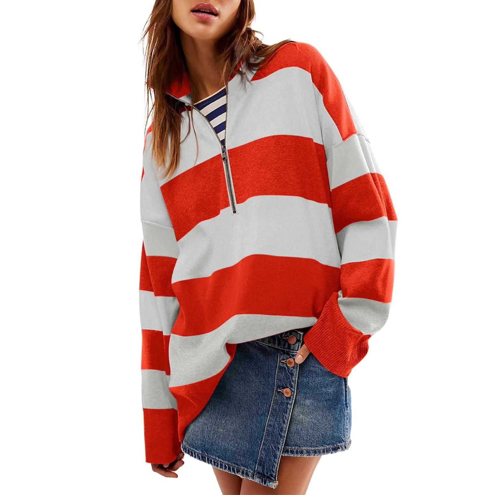 

Свитер для женщин, свободный, с длинным рукавом, повседневный, в полоску, осенний, с полумолнией, V-образным вырезом, цветные блоки, пуловер, толстовки, топы XL красный