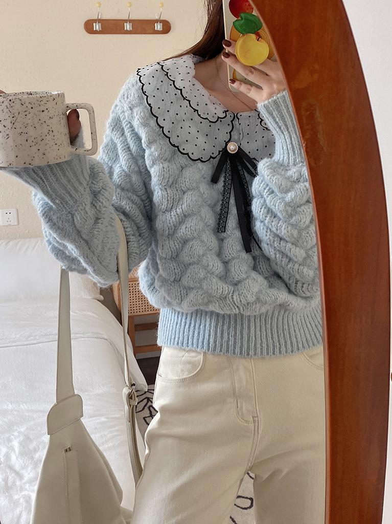 Casual Solid Knit Sweater Ladies V Neck Crew Neck Warm Daily Long Sleeve Blouse