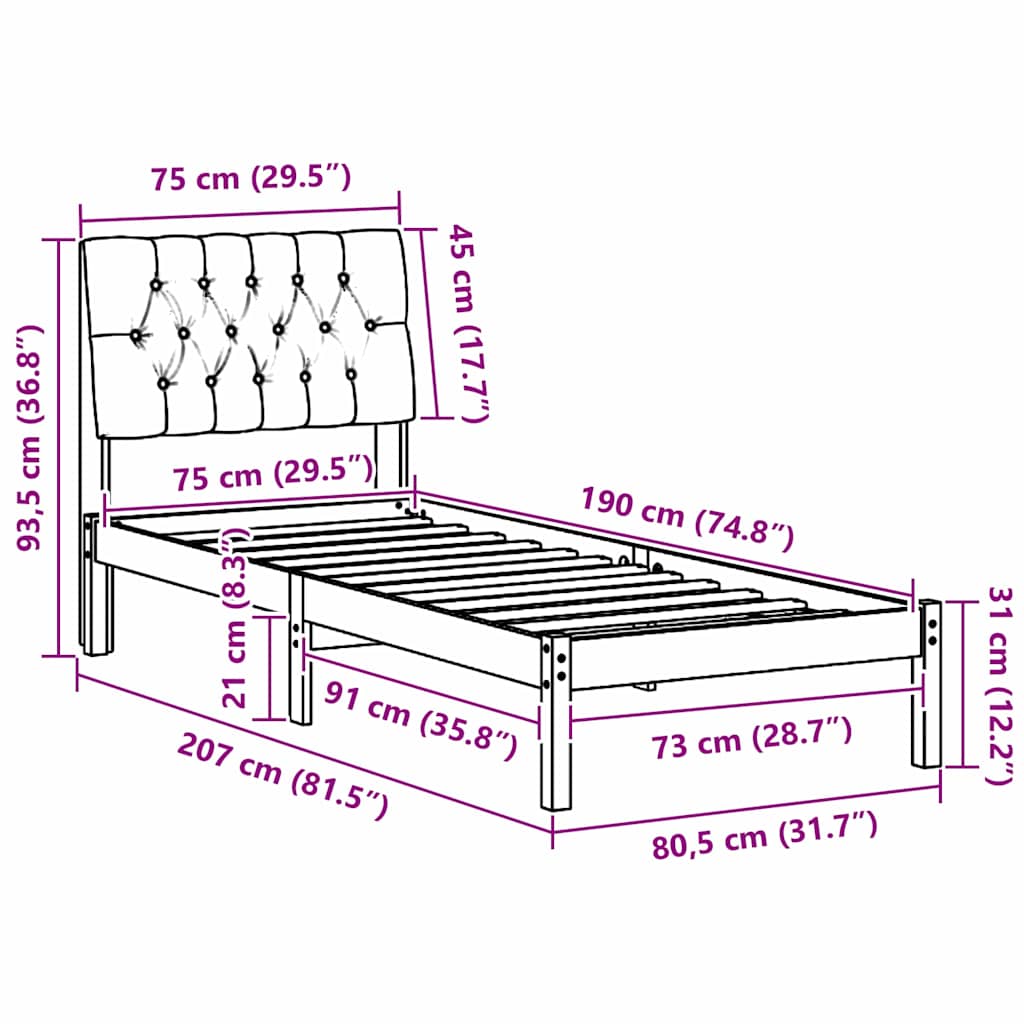 Bed Frame with Padded Headboard Brown 75 x 190 cm