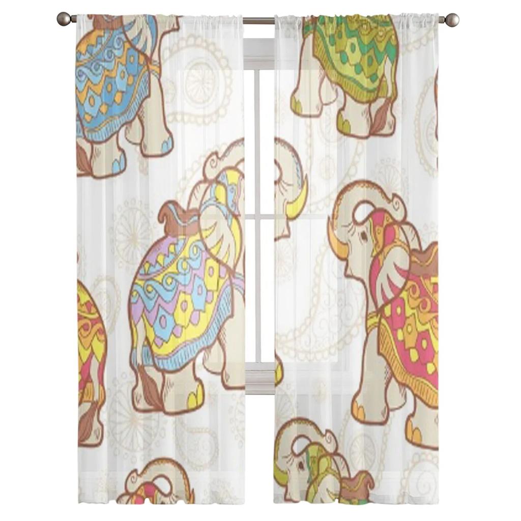 Indian Elephant Sheer Curtains for Living Room Transparent Tulle Window Treatments Bedroom Kitchen Home Decor Veil Drapes