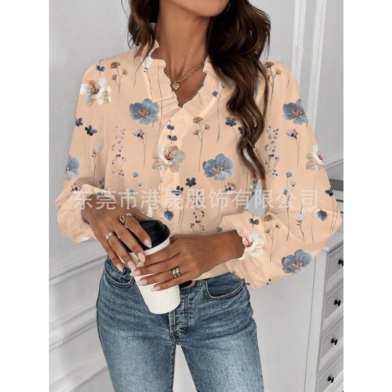 Dámská móda Ležérní jaro podzimní jednobarevné halenky a košile s dlouhým rukávem a výstřihem do V