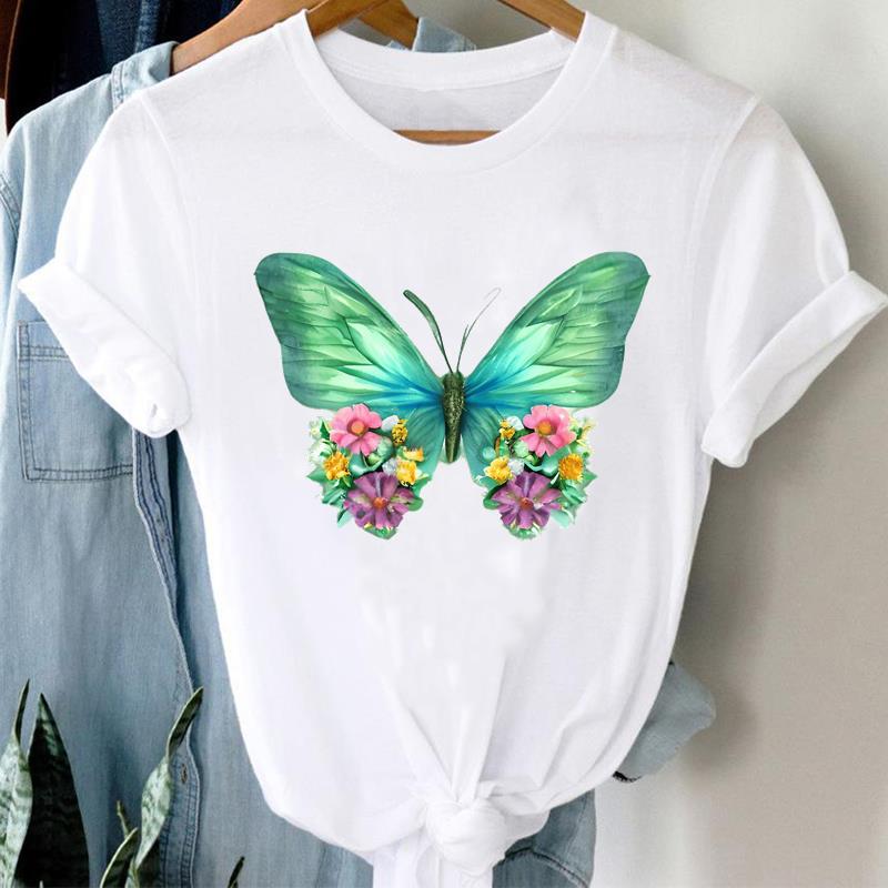 (Asian Size) Printed Clothing Top Fashion feather flower 90s Short Sleeve T-shirts Women Graphic Tee Lady Female Casual T Shirt Tees