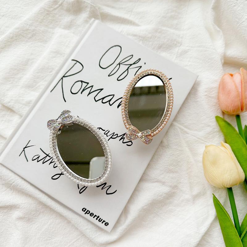 Rhinestone Bow Oval Mirror Sticker Mobile Phone Airbag Bracket Back Sticker Retractable Portable Makeup Mirror