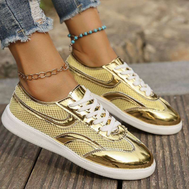 Women's Wide Width Mesh German Trainers - Hollow Out Design Casual Sneakers for Summer, Breathable Low-Top Lace-Up Flats