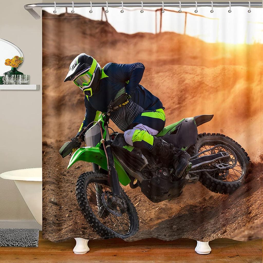 Dirt Bike Shower Curtain Boys Bathroom Bathtubs Motocross Rider Extreme Sports Bath Mountain Curtains Polyester Perfect For
