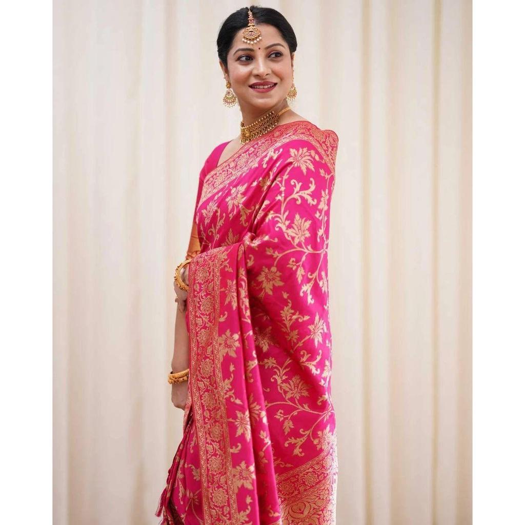 Silk Saree from the ALMAARI Store Is Adorned with Beautiful Zari Work In Form of Traditional Motifs.