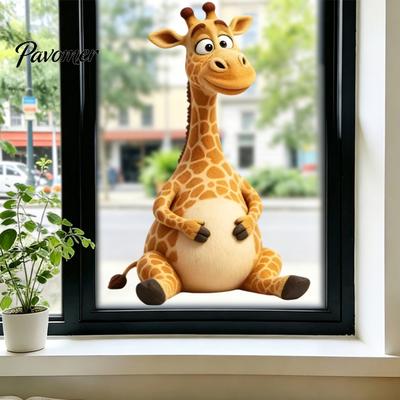 Flexible Cuttable Window Film Cute Cartoon Giraffe Static Clings, Thick PVC No-Adhesive Removable Glass Decals, Waterproof Stickers for Kids