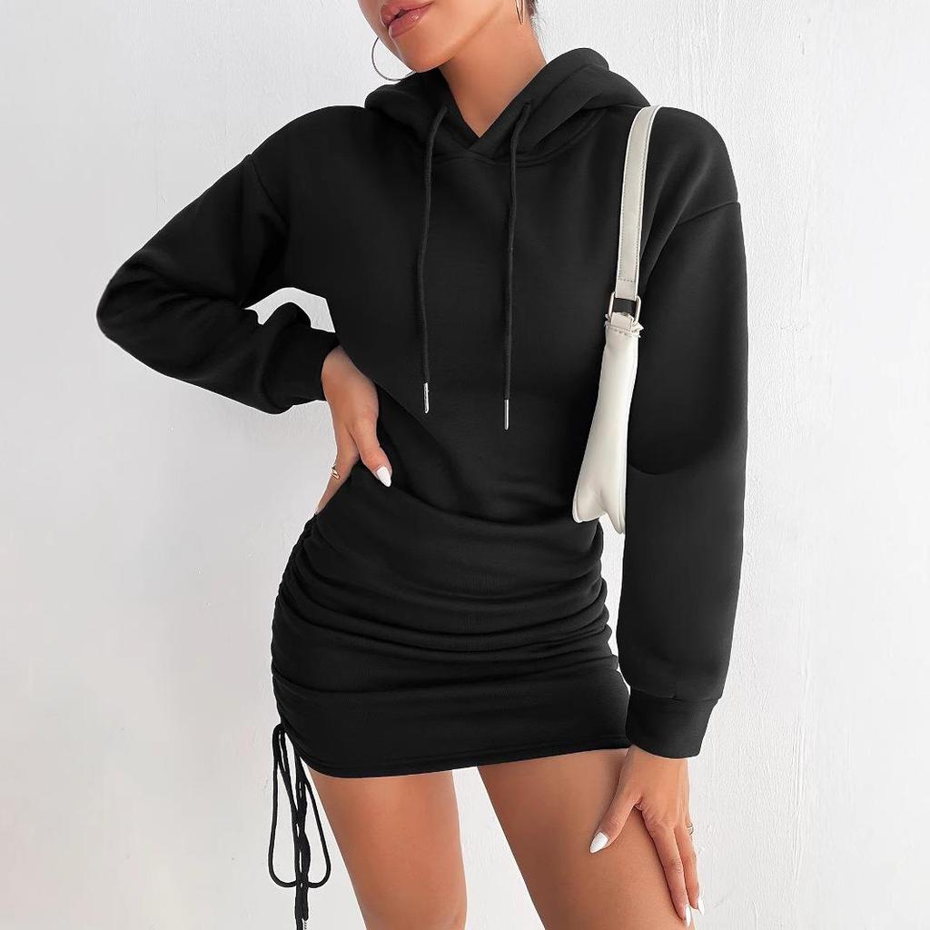 Autumn 2024 Ruffle Hooded Sweatshirt Dress with Side Drawstring for Women