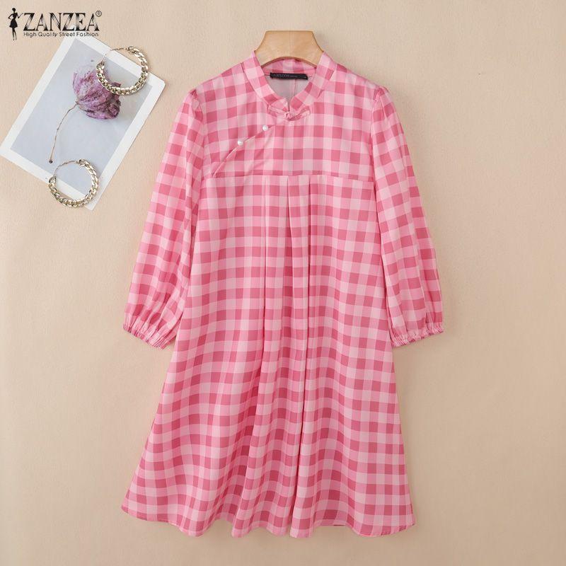ZANZEA Women Casual Stand Collar 3/4 Sleeve Grid Print A-line Dress