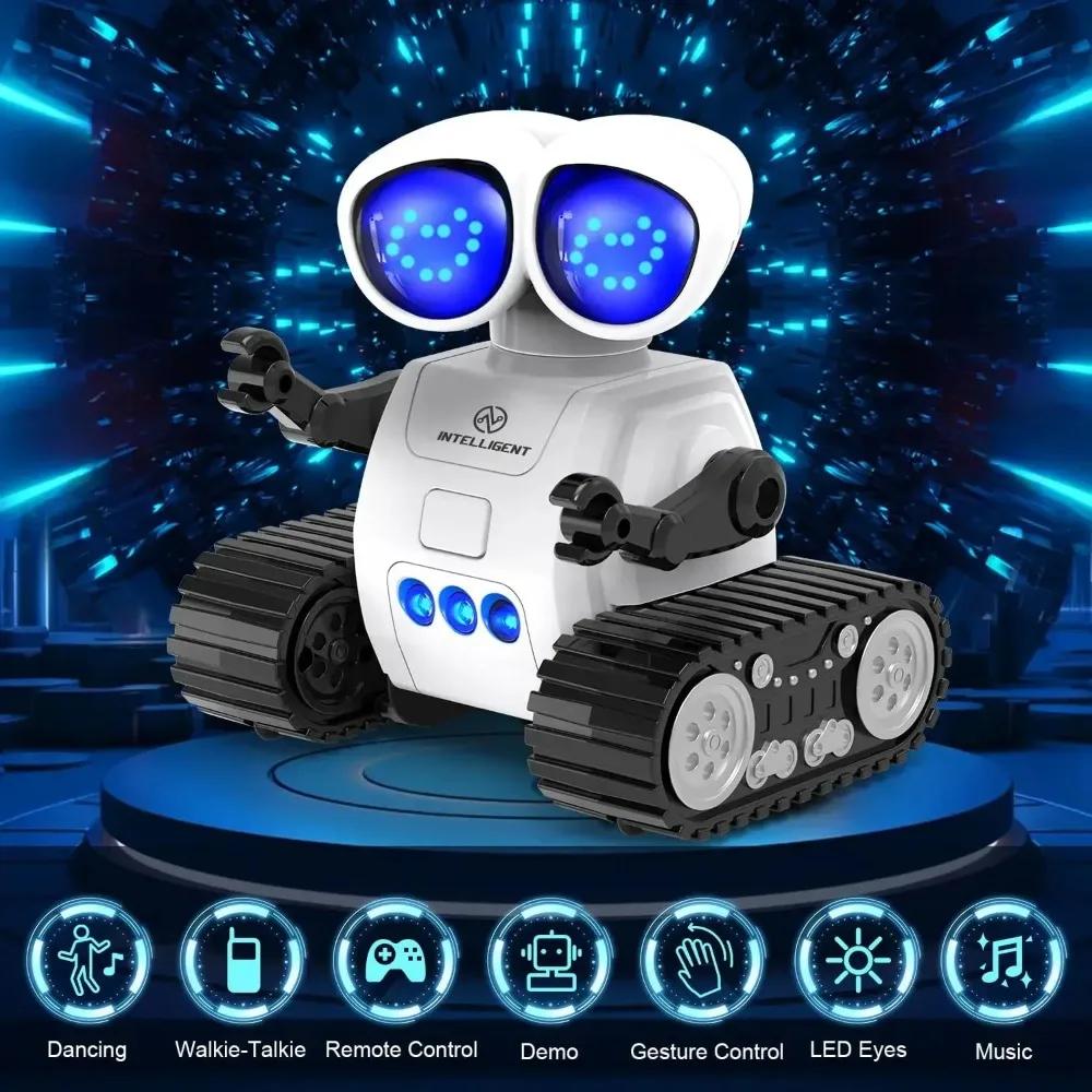 Remote control robot toy for kids with rechargeable battery, music, LED eyes, walkie-talkie function