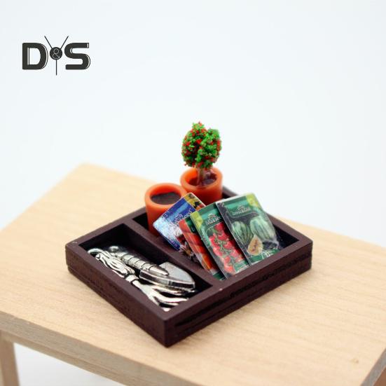 Mini-Gartenschaufel-Set, Topfpflanzenmodell aus Kunstharz mit Holzkiste, Miniaturschaufel, Handrechen für Puppen, Garten, Balkon, Fotografie-Requisiten