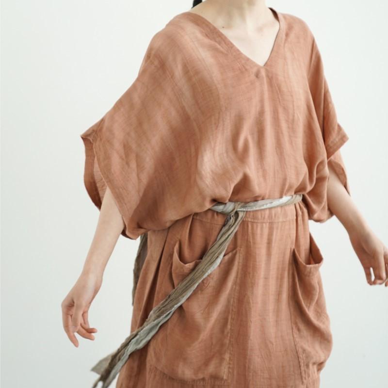 Johnature Women Vintage Dress V-Neck Half Sleeve Loose Solid Color Patchwork Pockets Summer Dress