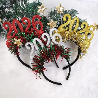 Sequin 2026 Happy New Year Headband Cute Star New Year Decorative Glasses Creative Headwear Glitter Hair Hoop Photo Prop