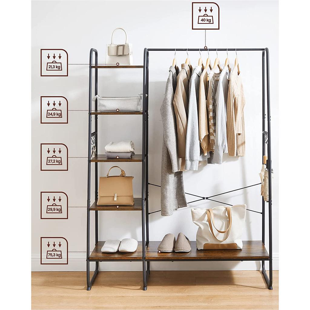VASAGLE Clothes Rail, Clothes Rack with Shoe Shelf, 5-Tier Storage Rack, 6 Side Hooks, for Bedroom, Living Room, Rustic Brown and Black