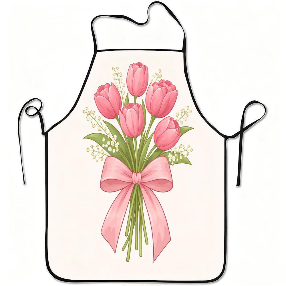 1pc Pink Tulip Bouquet with Ribbon Print Apron, Durable And Easy To Clean, Adjustable Waistband, Polyester Material, for Kitchen Cooking, Gardening, O