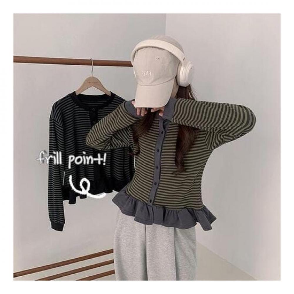 The Pink Loose Fit Stripe Frill Cardigan