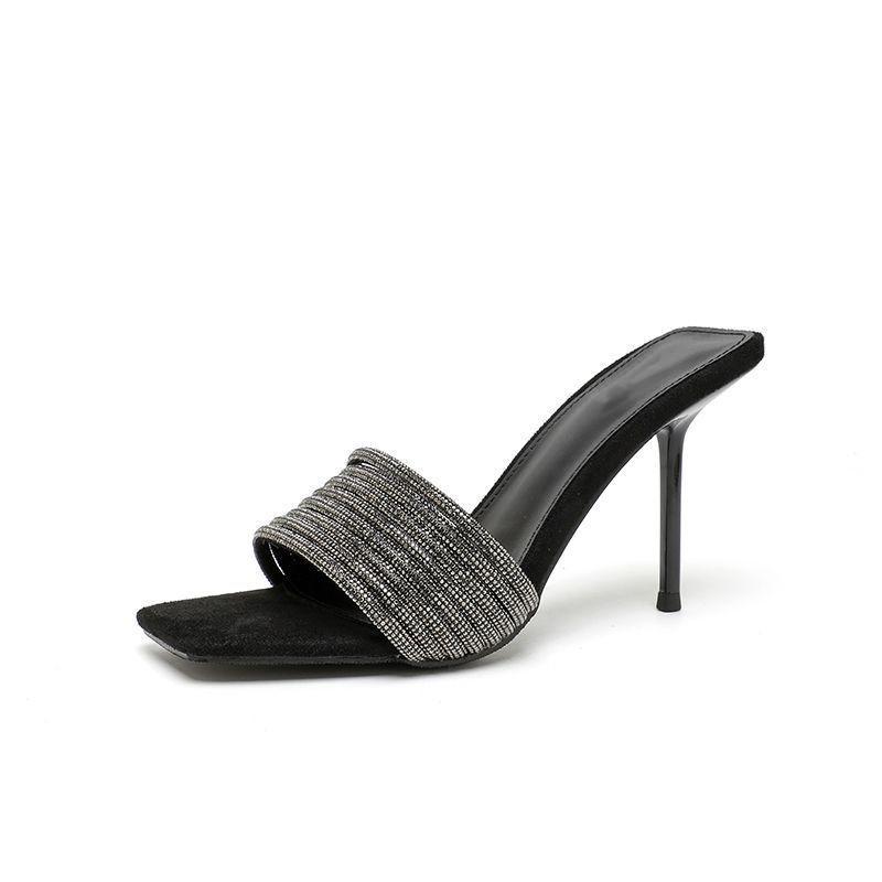 Fashion Bling Bling Luxury Crystal Square Toe Women Slippers Sandals Fashion Narrow Band Stiletto High Heels Mules Slides Modern Shoes