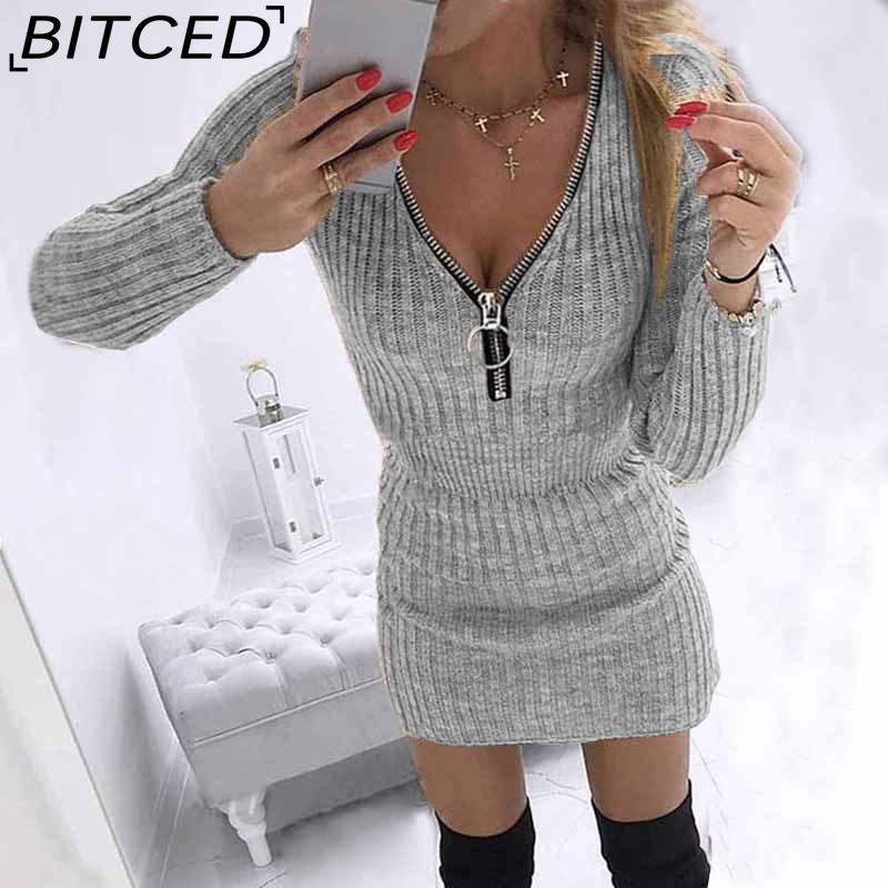 BITCED S-5XL Autumn Winter Womens Wrap Skirts Zipper Waist Long Sleeve Knitted Dress Hips