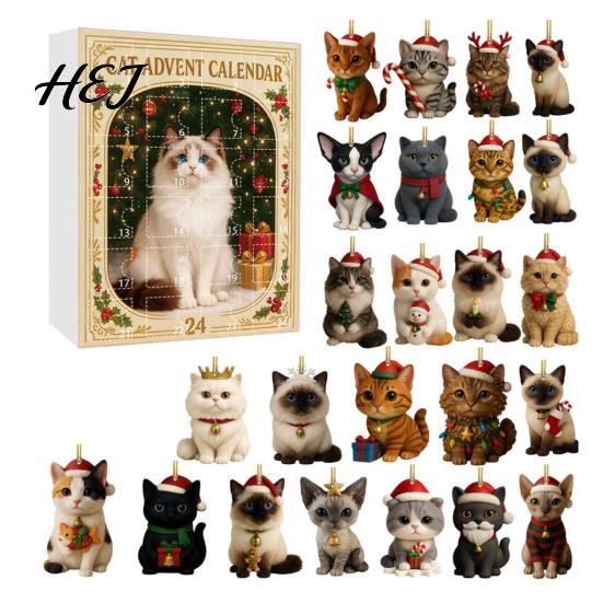 Holiday Countdown Gift Box 24 Day Cat Advent Calendar with Acrylic Christmas Ornaments, 2D Flat Animal Themed Ornaments Hanging Decorations, Xmas Tree
