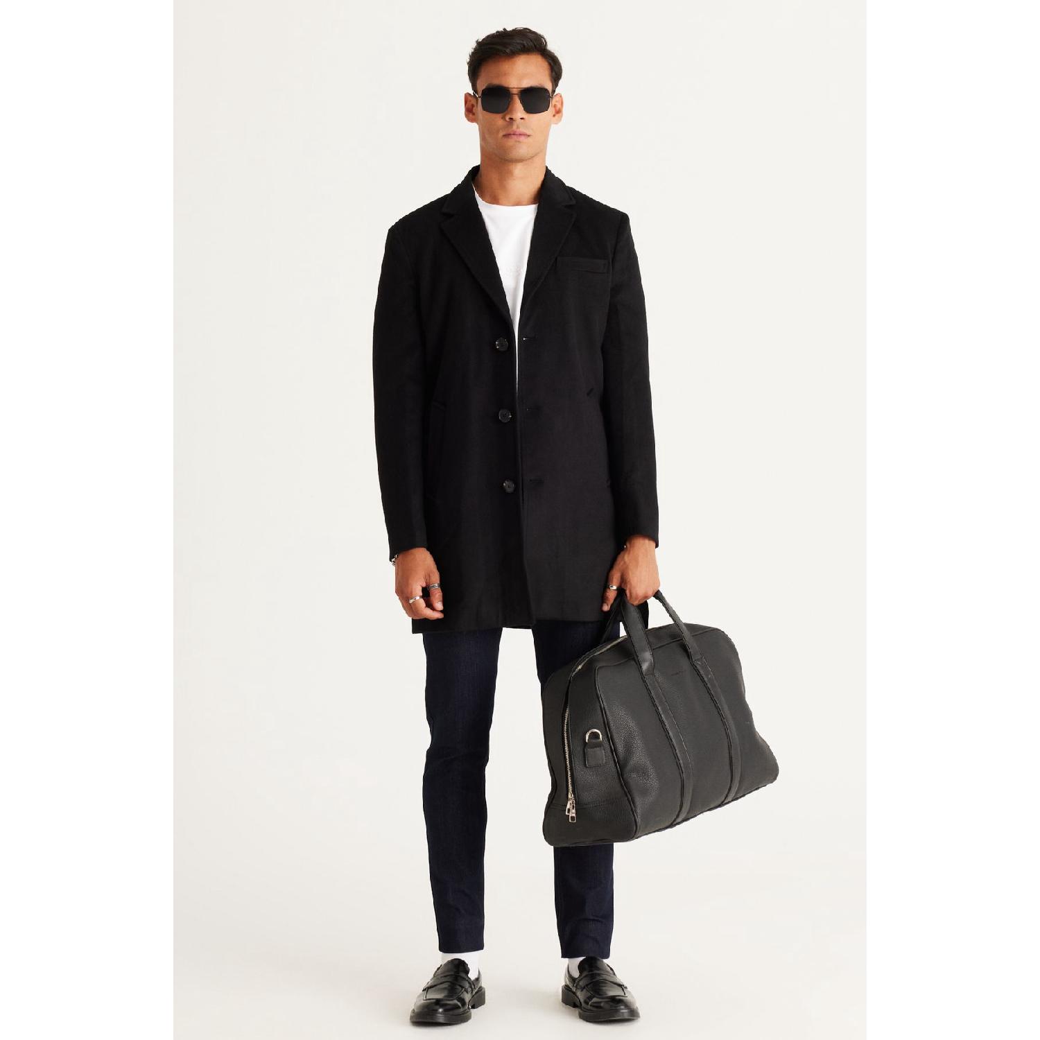 

Men s Black Standard Fit Regular Cut Mono Collar Wool Coat 46 чёрный